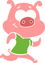 happy flat color style cartoon pig running