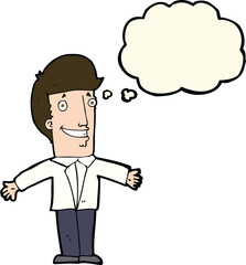 cartoon grining man with open arms with thought bubble