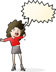 cartoon woman having trouble walking in heels with speech bubble