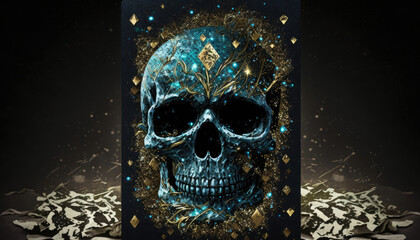 fanatstic graphic of a skull with golden speckles and diamonds