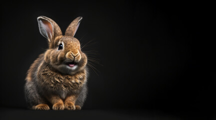 Fototapeta premium portrait of a happy bunny rabbit, photo studio set up with key light, isolated with black background and copy space - generative ai
