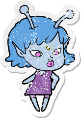 distressed sticker of a pretty cartoon alien girl