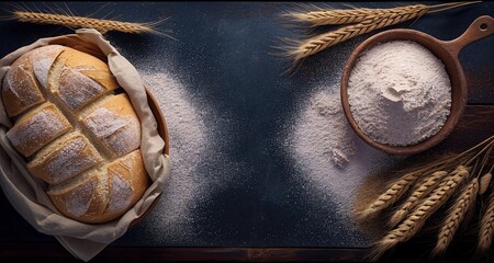 fresh bread with wheat ears and a bowl of flour, top view, empty space. Generative AI