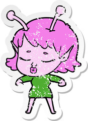 distressed sticker of a cute alien girl cartoon