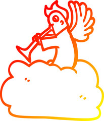 warm gradient line drawing cartoon angel on cloud with trumpet