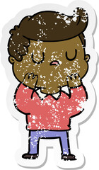 distressed sticker of a cartoon aloof man considering