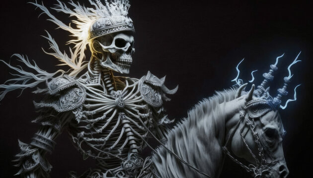 skellet king on his steed wears a crown with icy flashes