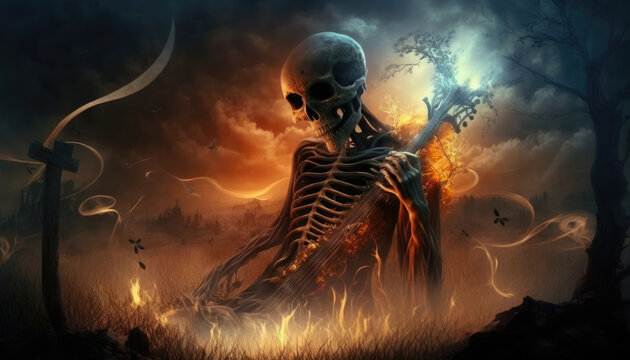 dead guitar player rises from burning hell on a meadow
