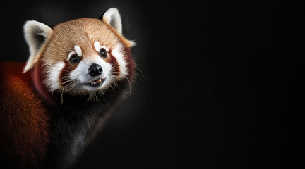 Obraz premium portrait of a happy smiling red panda bear, photo studio set up with key light, isolated with black background and copy space - generative ai