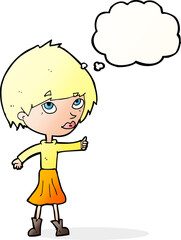 cartoon woman giving thumbs up symbol with thought bubble