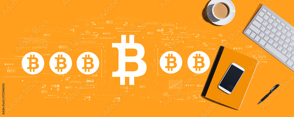 Poster bitcoin theme with a computer keyboard and office items