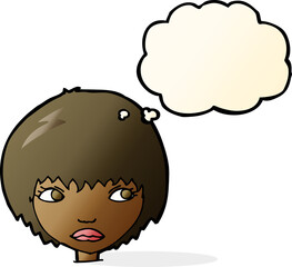 cartoon unhappy girl with thought bubble