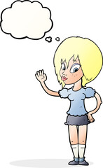 cartoon pretty woman waving with thought bubble
