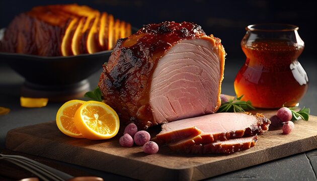 Traditional Sliced Honey Glazed Ham. Generative AI