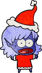 textured cartoon of a shocked elf girl wearing santa hat