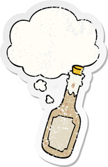 cartoon beer bottle and thought bubble as a distressed worn sticker