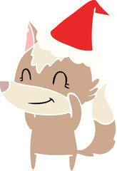 friendly flat color illustration of a wolf wearing santa hat