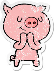 distressed sticker of a happy cartoon pig