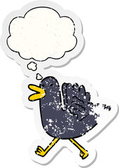 cartoon duck running and thought bubble as a distressed worn sticker