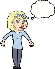 cartoon woman wearing goggles with thought bubble