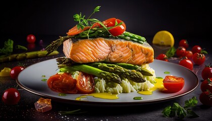 Baked salmon garnished with asparagus and tomatoes with herbs, a wooden table, and beautiful service. Generative AI