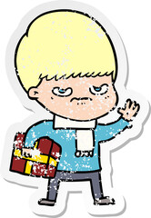 distressed sticker of a annoyed cartoon boy