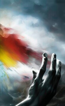 Hand for help and support. Ukraine theme background.  Blue and yellow colors of the Ukrainian flag. Emotions of pain, and suffering.  AI-generated digital illustration,