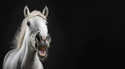 Obraz na płótnie Canvas portrait of a smiling happy white horse, photo studio set up with key light, isolated with black background and copy space - generative ai