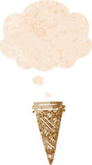 cartoon ice cream cone and thought bubble in retro textured style