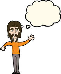 cartoon waving man with mustache with thought bubble