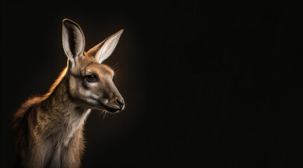 portrait of a kangaroo, photo studio set up with key light, isolated with black background and copy space - generative ai
