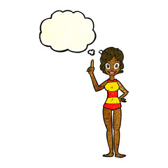 cartoon woman in striped swimsuit with thought bubble