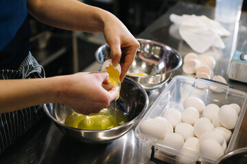 Close up. A cook in the kitchen of a cafe or bakery. Female hands break eggs for dough.