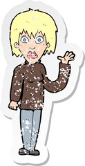 retro distressed sticker of a cartoon shocked woman waving hand