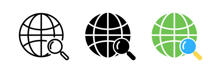Vector globe and magnifier icon. Global search symbol on white isolated background. eps 10
