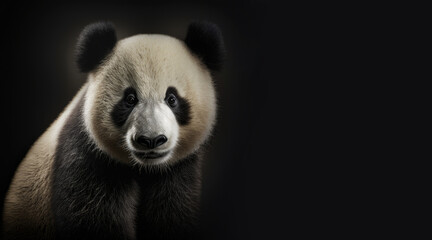 Fototapeta premium portrait of a panda bear, photo studio set up with key light, isolated with black background and copy space - generative ai