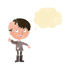cartoon boy with growth on head with thought bubble