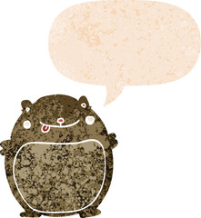 cartoon fat bear and speech bubble in retro textured style