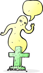 cartoon ghost rising from grave with speech bubble