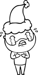 line drawing of a bearded man crying wearing santa hat