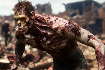 Generative AI portrait of the living dead walking among the ruins of a city, detachment of flesh, bones, teeth, blood and dirty and torn clothes, representation of the apocalypse.