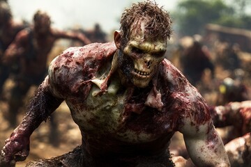 Generative AI standing zombie walking among the ruins of a city, detachment of flesh, bones, teeth, blood and dirty and torn clothes, representation of the apocalypse.