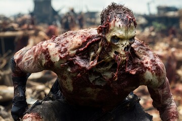 Generative AI male zombie walking in a city destroyed by the end of time, detachment of flesh, blood and broken bones, virus that ended humanity.