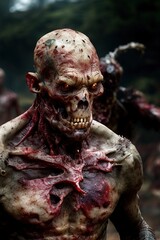 Generative AI vertical portrait of an undead, skull, flesh detachment, blood and horror