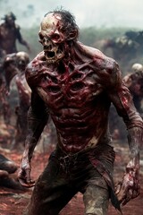 Generative AI vertical portrait of a living dead, skull, flesh, blood and horror, walking among ruins.