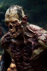 Generative AI zombie among walking ruins, undead, representation of the end of times