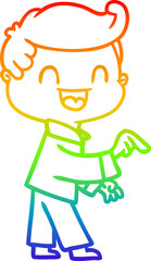 rainbow gradient line drawing cartoon happy man pointing