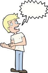 cartoon man making excuses with speech bubble