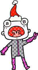 comic book style illustration of a weird alien waving wearing santa hat