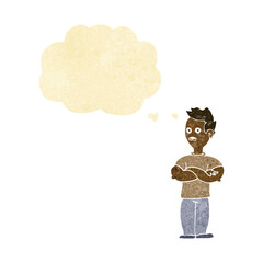 cartoon man with crossed arms with thought bubble